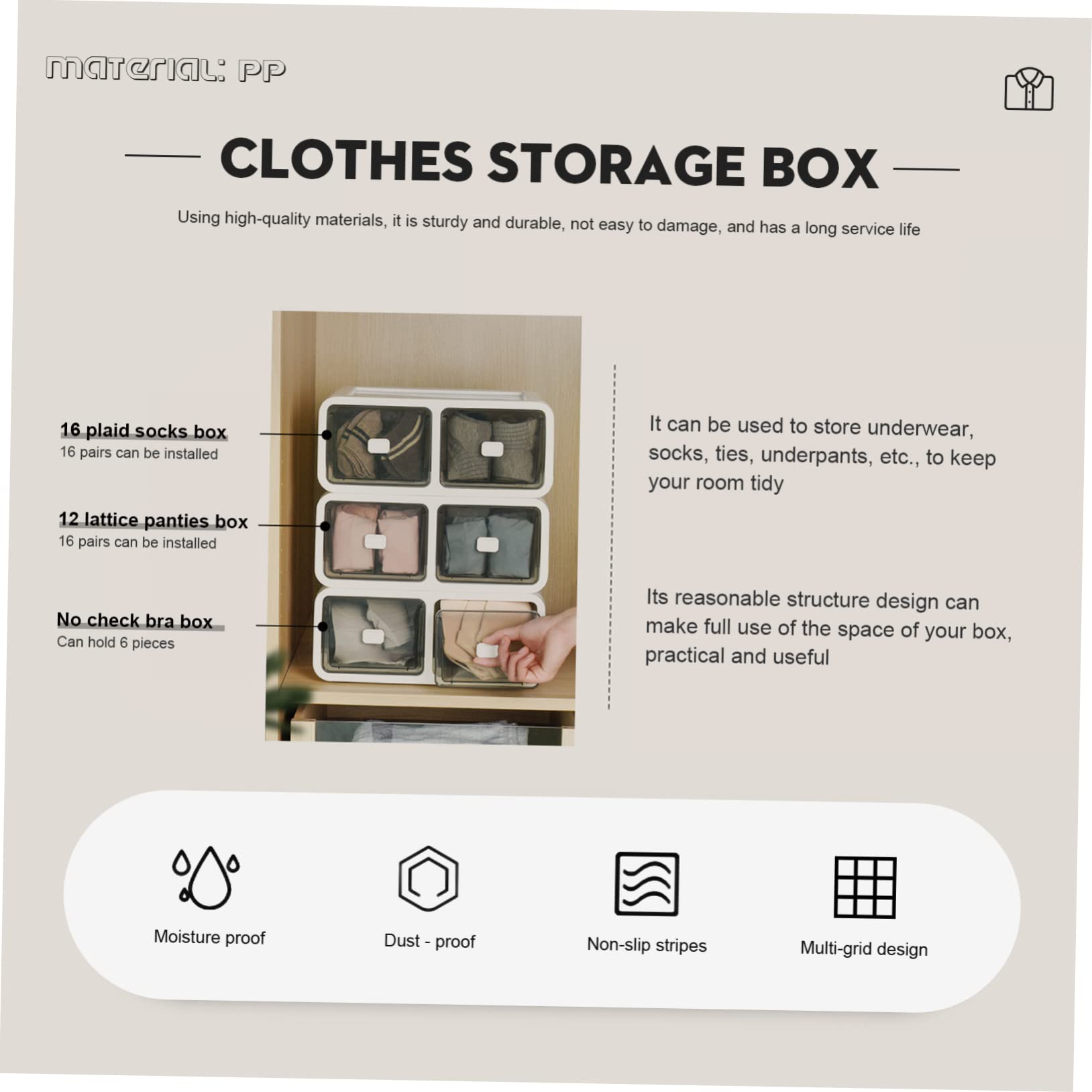 Schubladenbox 5 Fächer Aufbewahrungsbox für Unterwäsche und Socken Braun Pp Platzsparend für Kleiderschrank