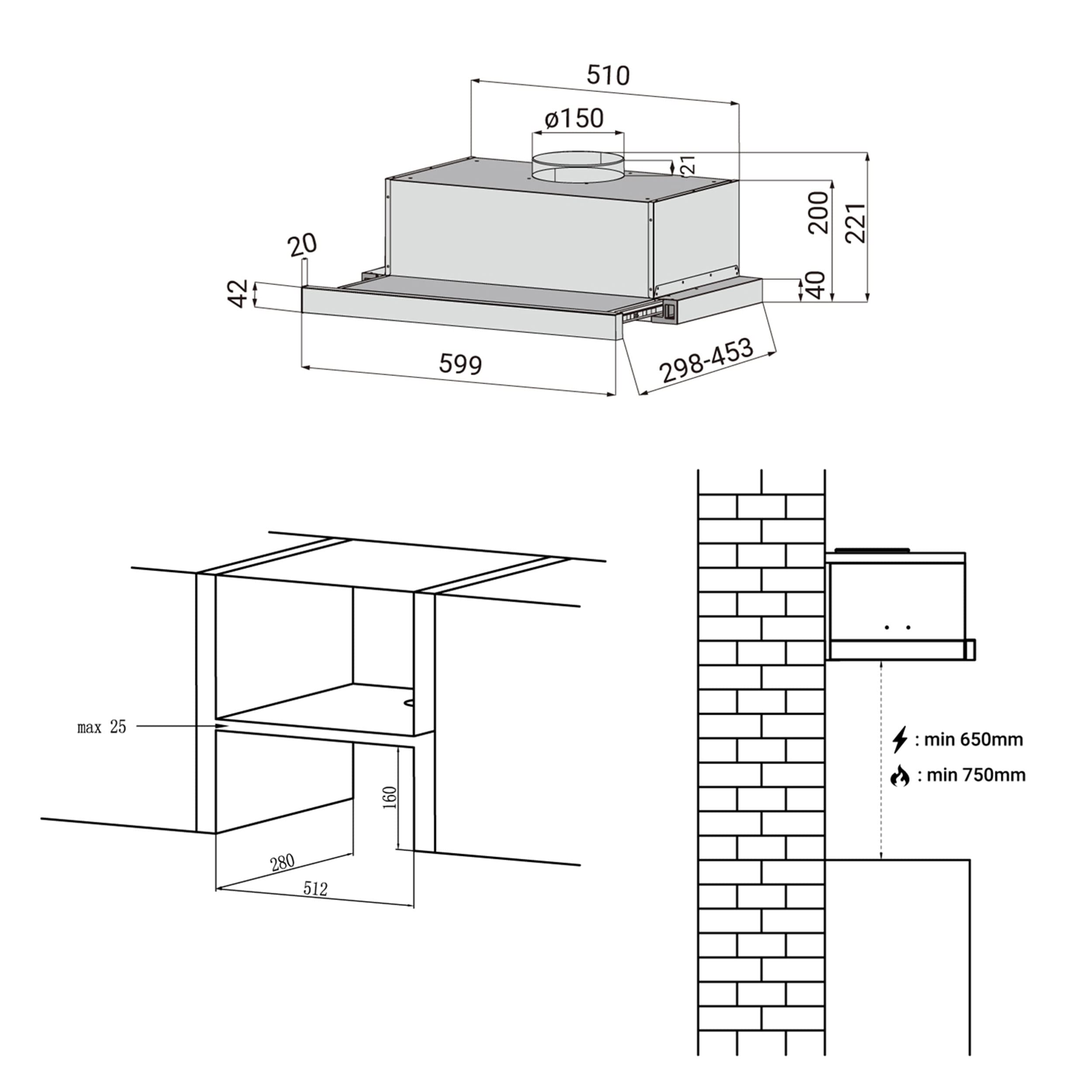 CIARRA CBCB6906D Hotte Tiroir 60cm-Classe A++ - 370m³/h - Hotte Aspirante Integrée-2 Vitesses - Éclairage LED - Evacuation ou Recyclage - Filtres Charbon Inclus - Noir