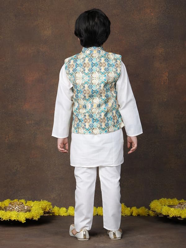 Image of superminis Boys Cotton Printed Full Sleeves Kurta Pyjama with Jacket Ethnic Wear Set
