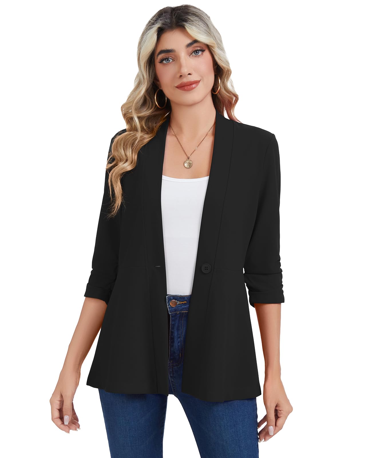Blazer for Women Business Casual Ruched 3 4 Sleeve Solid Blazers Suit Jackets