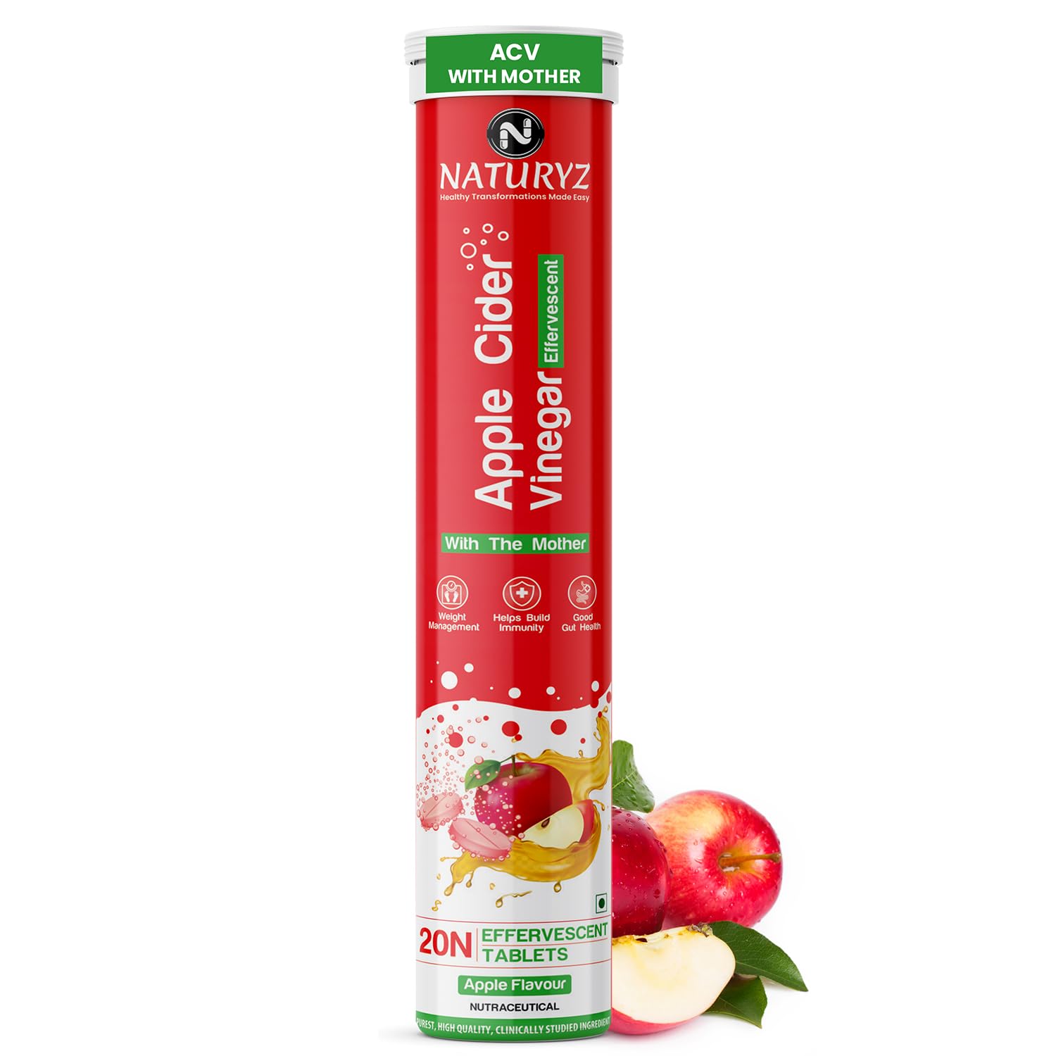 Naturyz Apple Cider Vinegar Effervescent with L Carnitine, Garcinia cambogia | Control Cravings | Beetroot for Detox & Energy| Immunity | Inulin Fibre Supports Digestion | Gluten-Free | No Maltodextrin & No Added Sugar | Vegan - 20 tablets (Apple Flavour)