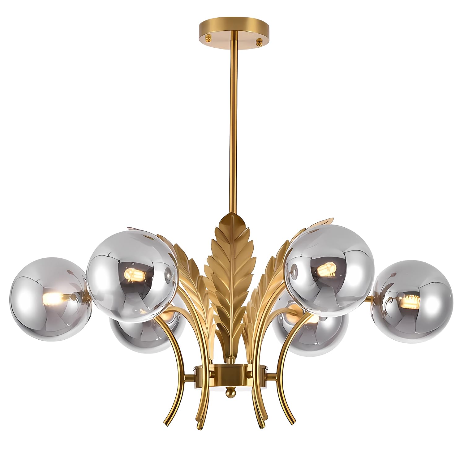 BOKT Gold Sputnik Chandelier Mid Century Smoky Gray Glass Chandelier Light Leaf 6-Light Adjustable Ceiling Hanging Light Fixture Globe LED Pendant Lighting for Kitchen Living Room Hallway Bedroom