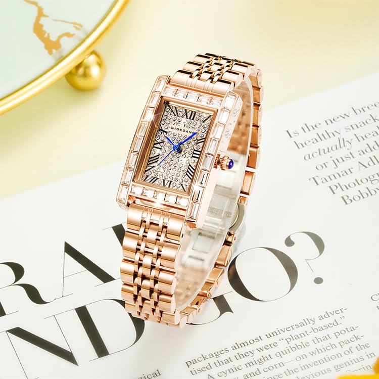 Image of Giordano Analog Quartz Watch for Women with Rectangular Dial, Crystal Studded Bezel, Roman Indices and Sparkling Dial, Leather & Stainless Steel Strap - GZ-60119