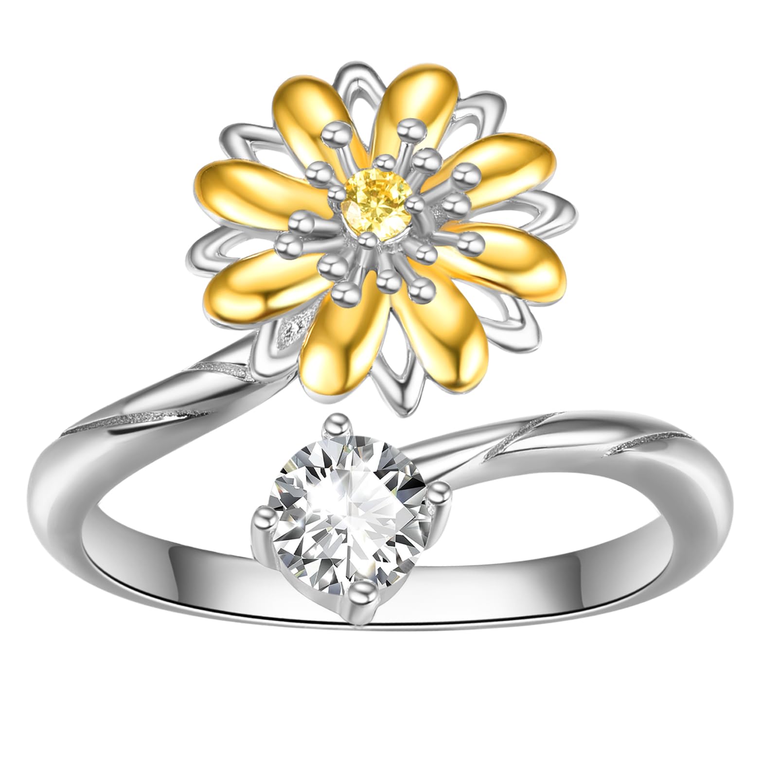 KINGWHYTE Daisy Rings 925 Sterling Silver Daisy Flower Rings with Cubic Zirconia Adjustable Daisy Open Rings Birthday Christmas Jewelry Gifts for