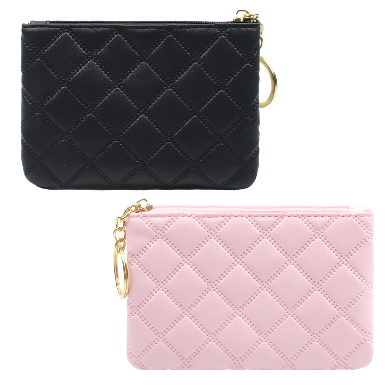 2Pcs Small Coin Purse for Women Mini PU Leather Zipper Change Pouch Wallet Card Holder with Key Chain for Credit Card Money Key Headset Lipstick (Black, Pink)