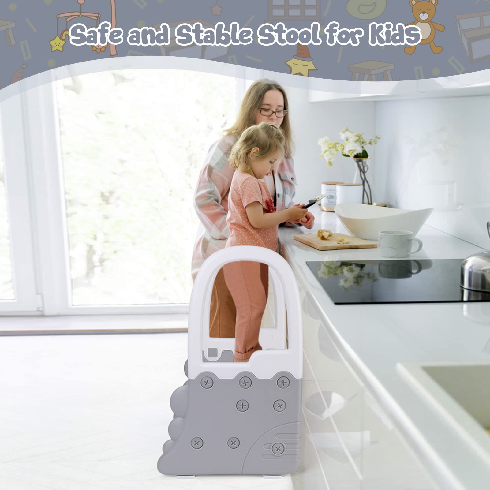 GarveeHome Torre di apprendimento 2 gradini per bambini con corrimano - sgabello per bagno e cucina, base larga anti-ribaltamento, plastica ABS atossica, portata 118 kg, 41,6x41,1x66 cm