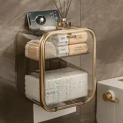 Porta Papel Higiênico Acrílico Rosé Gold com Prateleira Adesiva Parede Compacto Premium para Banheiro