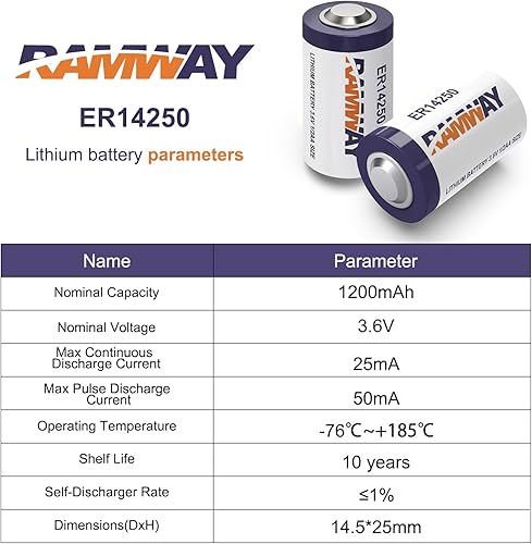 Miniatura 5 de KBT ER14250 - Batería de litio de 3.6 V, tamaño 12 AA 14250, 1200 mAh de alta capacidad, baterías de litio Li-SOCL2 para medidor de collar de perro,
