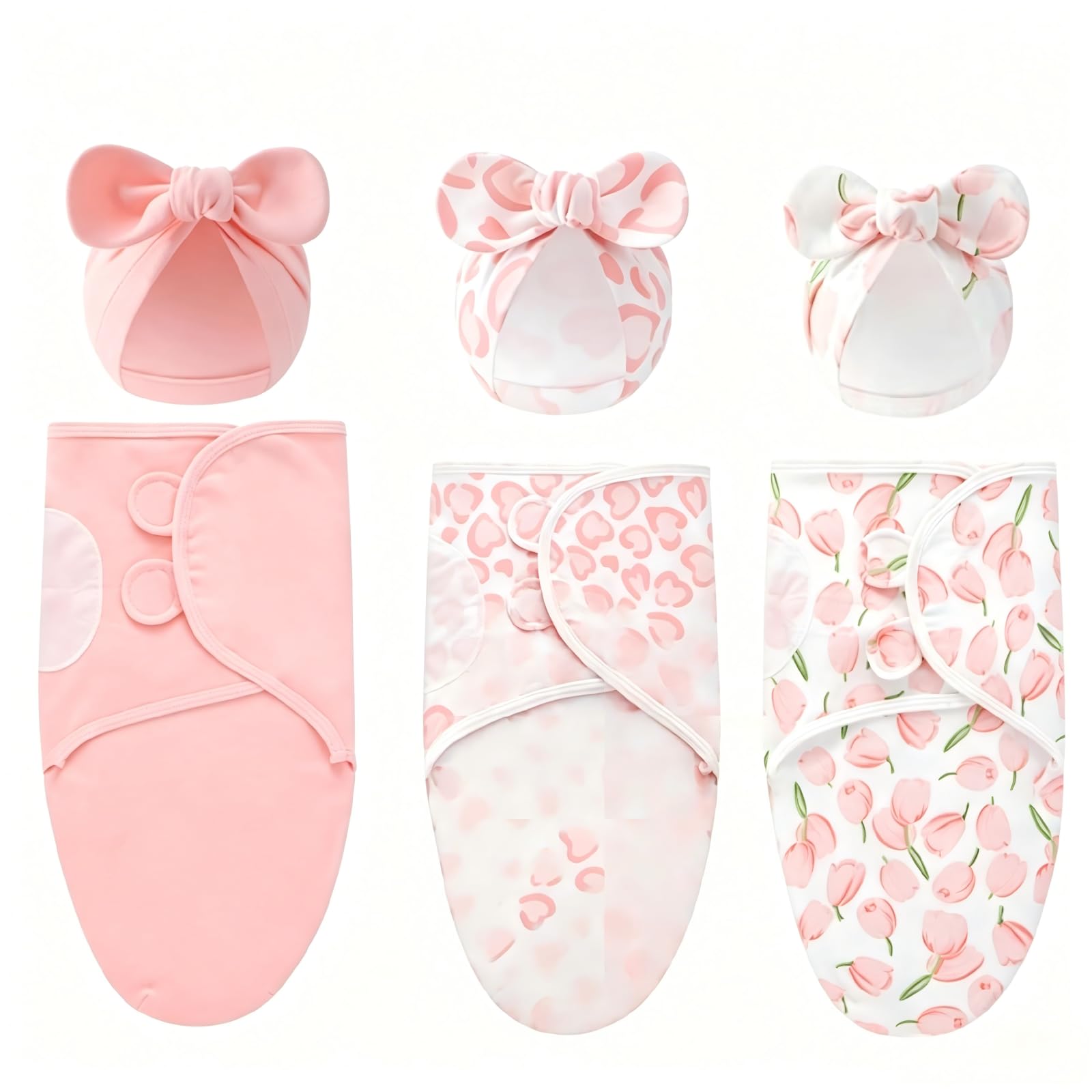 DRESHOW 3 Pack Newborn Swaddle Blanket with Hats Adjustable Swaddling Wrap — image 1