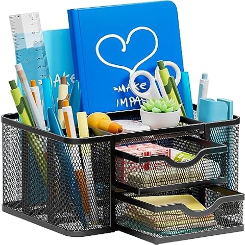 Marbrasse Mesh Desk Organizer, Pen Organizer with 2 Drawer, Multi-Functional Pencil Holder for Desk, Desk Organizers and Accessories with 5 Compartments + Drawer for Office Art Supplies (Black) Cover