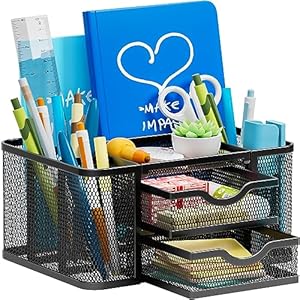 Marbrasse Mesh Desk Organizer, Pen Organizer with 2 Drawer, Multi-Functional Pencil Holder, Desk Organizers and Accessories with 5 Compartments + Drawer for Office Art Supplies (Black)