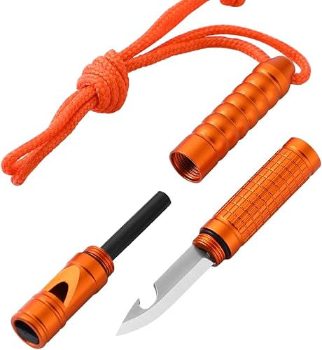 Herramienta de supervivencia 4 en 1, silbato para kits de supervivencia de emergencia para camping, pedernal y acero con cordón, cuchillo de