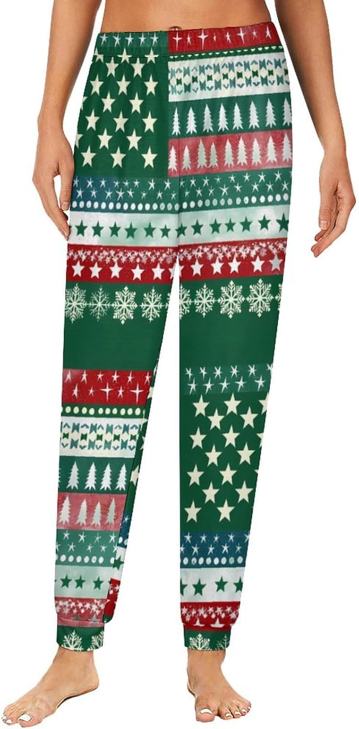 Christmas Pattern American Flag Soft Women Pajamas Pants Long Lounge Bottoms Pant Sleepwear Nightwear Pjs