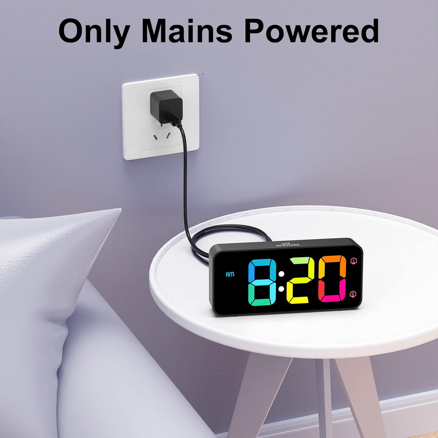 HOMVILLA Digital Alarm Clock plugged into a wall outlet with a USB cable and adapter, showing the time 8:20 AM.
