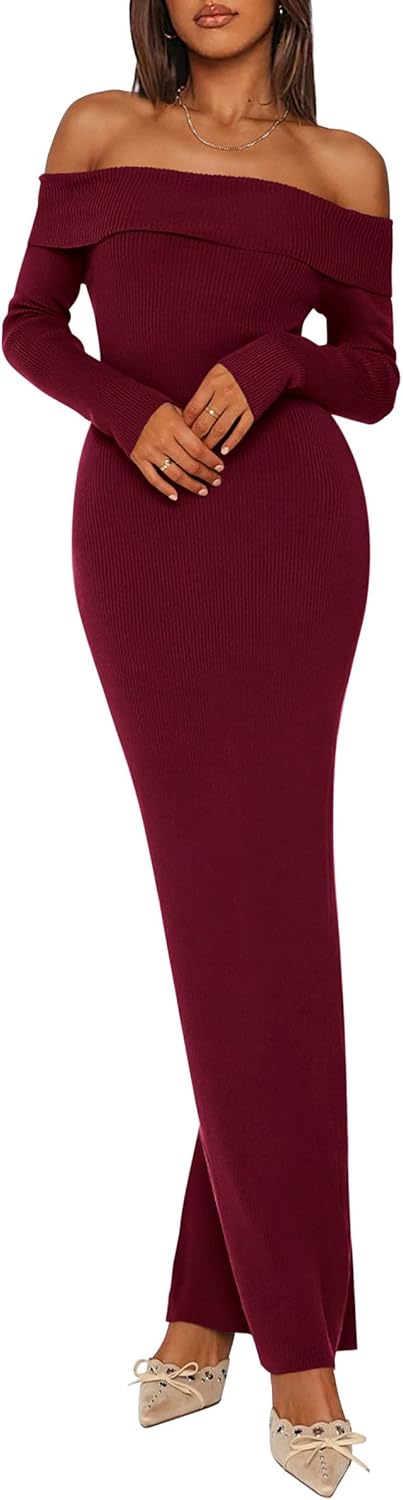PRETTYGARDEN Womens Fall Sweater Dress 2026 Long Sleeve Off Shoulder Slit Maxi Bodycon Cocktail Party Dresses Spring Fashion