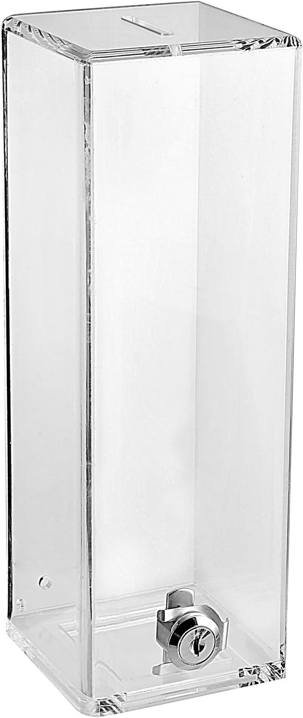 Square Tall Acrylic Donation Suggestion collection Box Tip and ticket Box with Flat top 10 x 4 x 4 inches, Lock With set of keys (Clear)