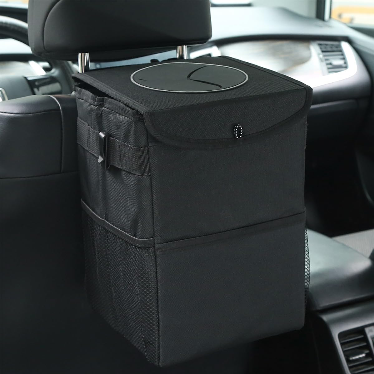 Car Trash Can with Lid, Automotive Trash Bin, Leak-Proof Back Seat Garbage Bag, Oxford Cloth Vehicle Container, Foldable Hanging Auto Organizer with Storage Pockets-Black