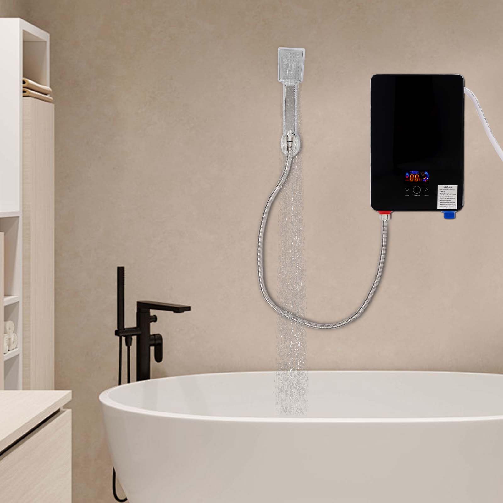 Calentador de agua electrónico para cocina, 6500 W, 30-55 °C, depósito de agua caliente IPX24, 0,2 – 0,6 MPa, caldera de agua caliente con pantalla LED, 1 alcachofa de mano, 1 soporte de ducha de mano