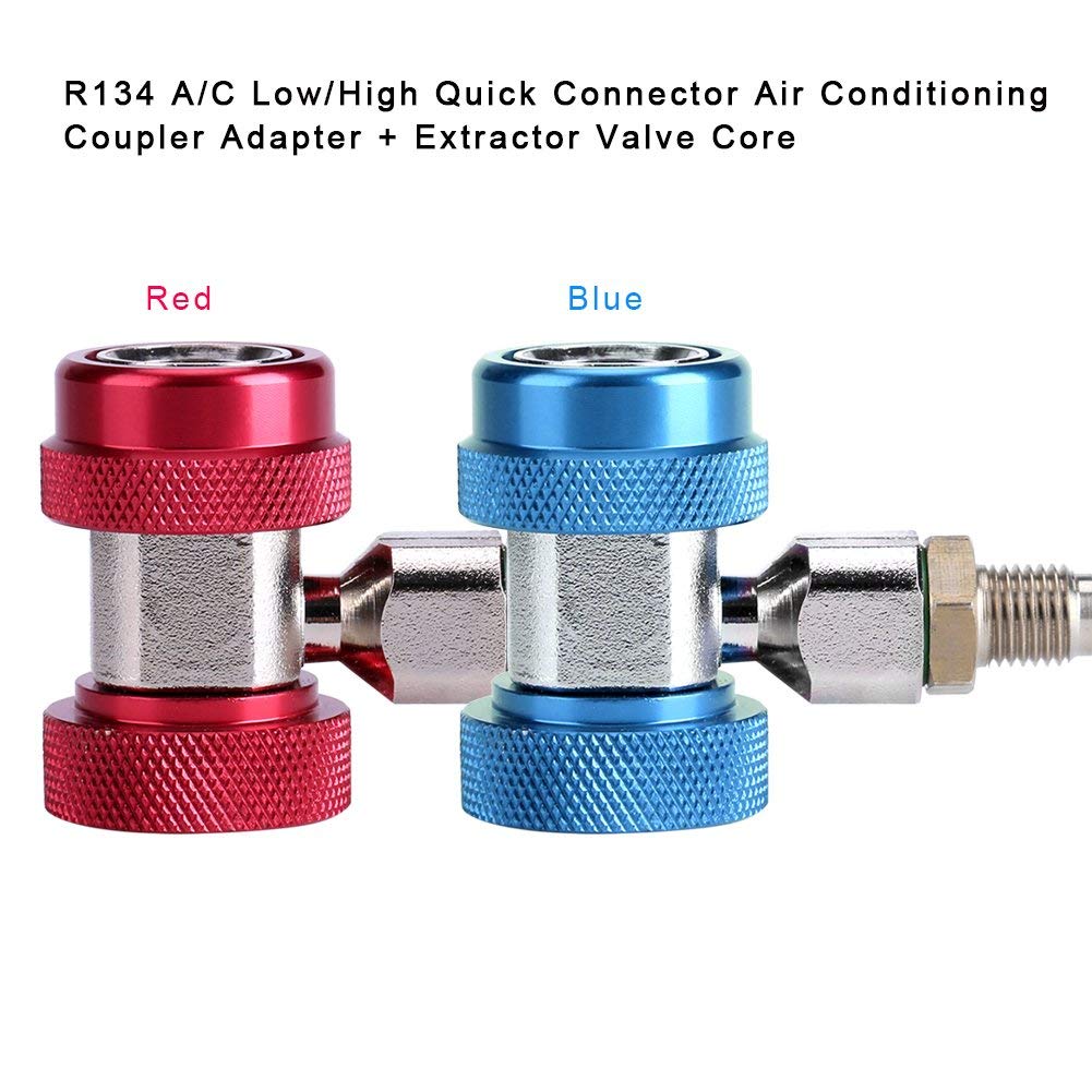 Attacco rapido, adattatore accoppiatore aria condizionata R134 connettore rapido aria condizionata basso / alto + nucleo valvola estrattore(Attacco rapido lato basso: blu)