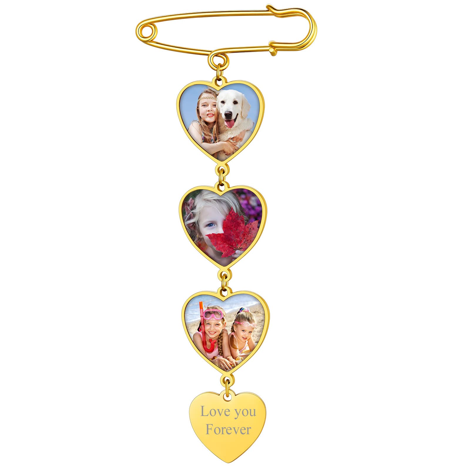 Custom4U Personalisierte Damen Herren Brosche mit 3x Fotoanhänger mit Gravur für Memorial Anhänger Brautstrauß Ansteckblume Bräutigam Edelstahl DIY Anstecker Gold für Hochzeit Weihnachten