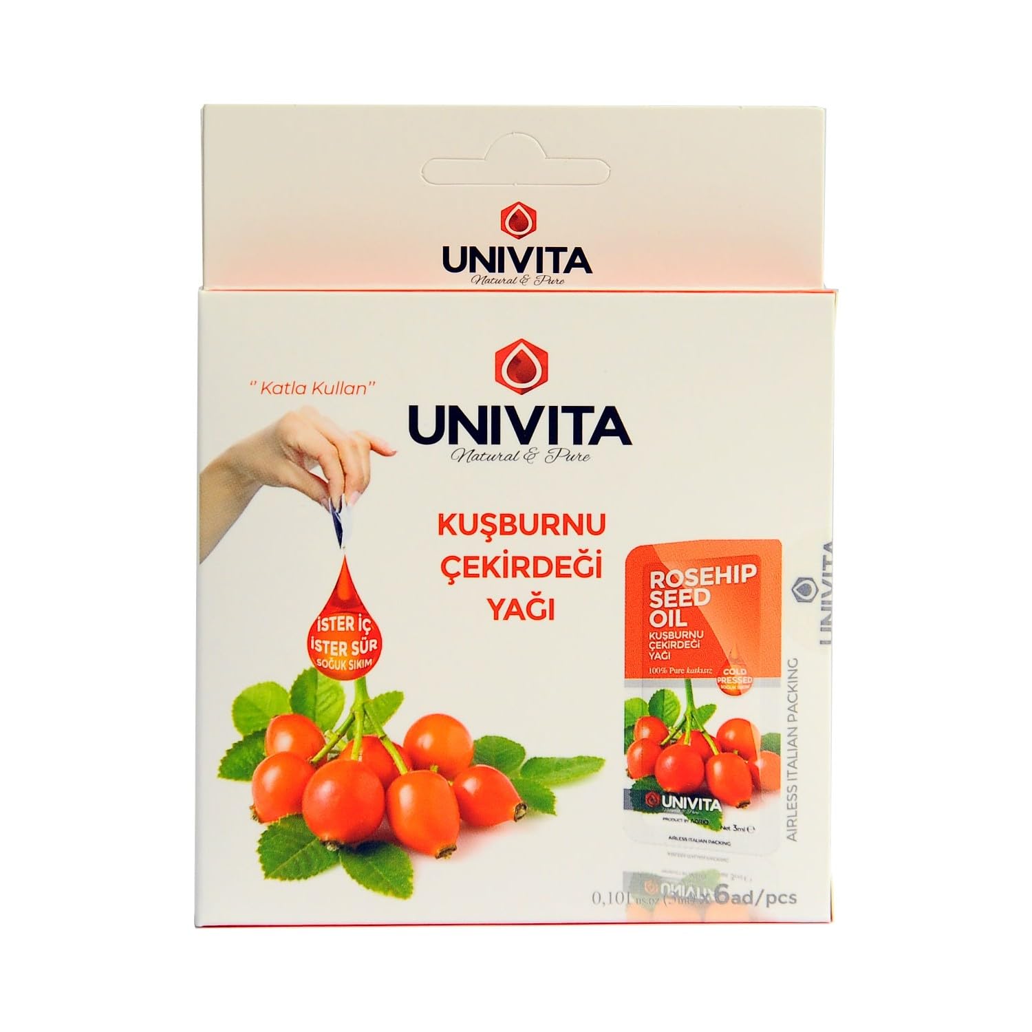 UNIVITA %100 Doğal Soğuk Sıkım Kuşburnu Çekirdeği Yağı - Rosehip Seed Oil 3 ml X 6 Adet