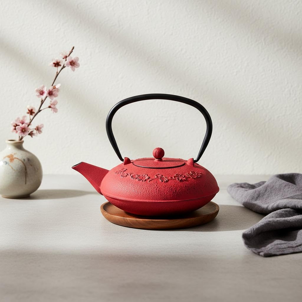 Tetera 0,8L de Hierro Colado – Diseño Floral Rojo