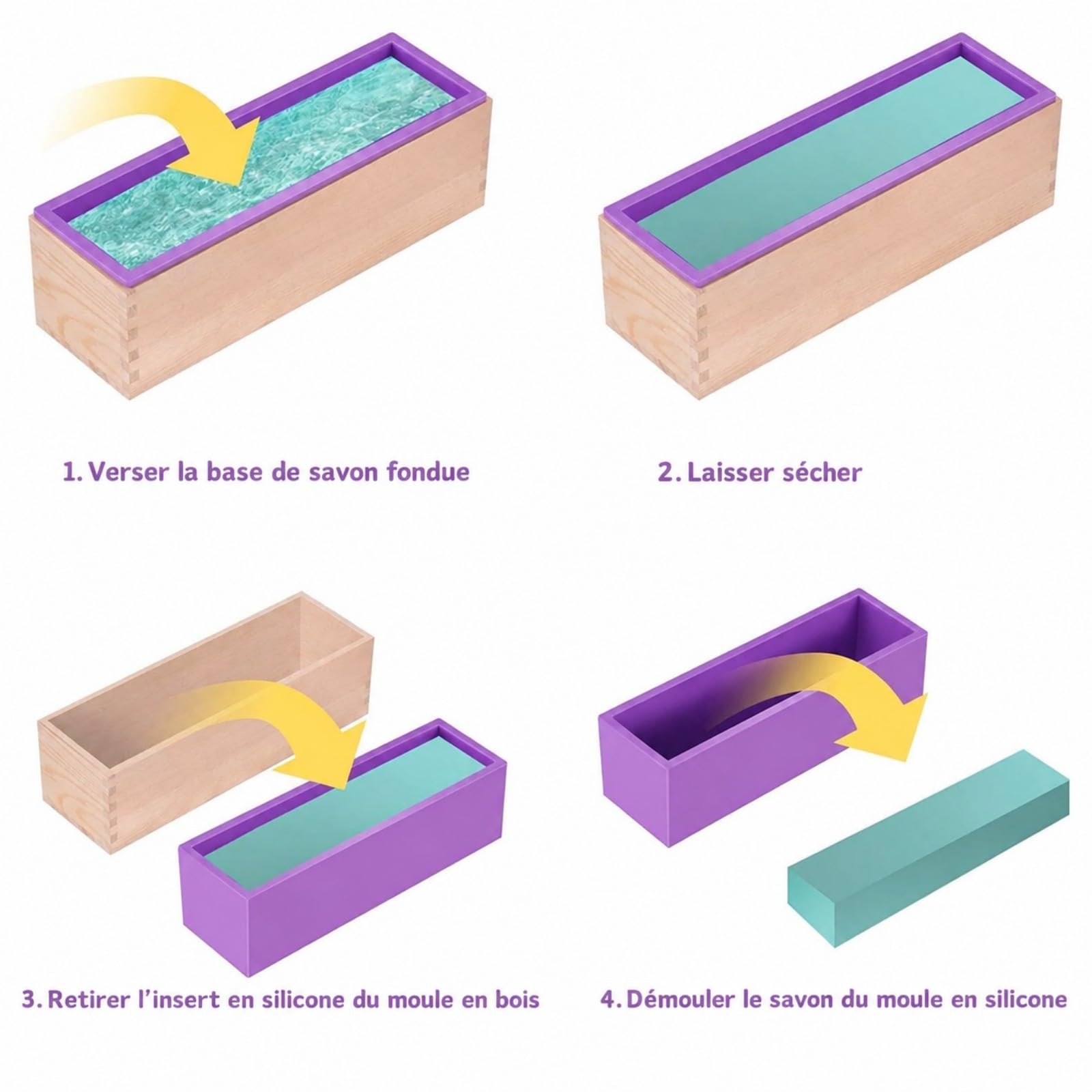 Lot de 4 Moules à Savon 1200 ml en Silicone avec Boîte en Bois, Moule à Savon Rectangulaire Amélioré pour Fabrication de Savon DIY, Saponification, Résine et Pâtisserie (Violet)