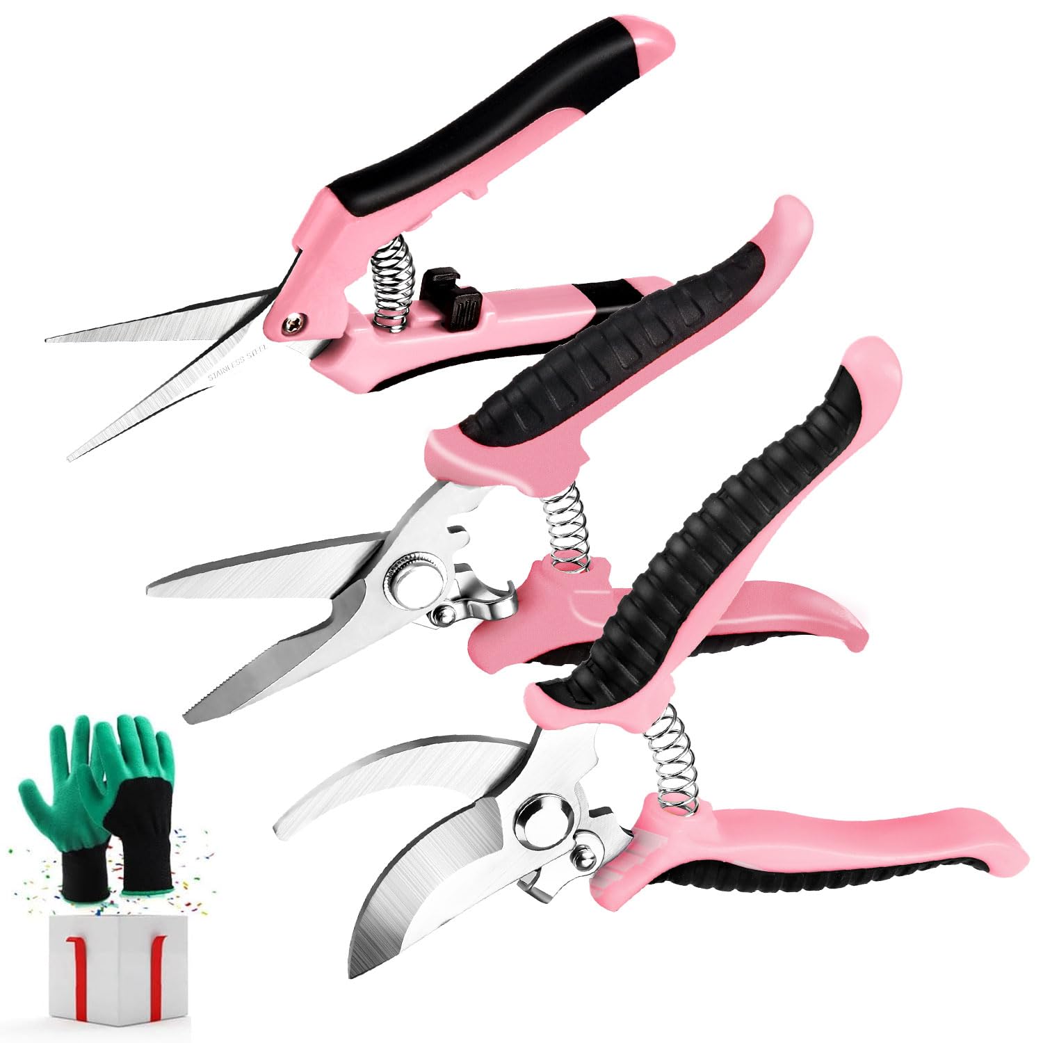 3 Packs Garden Pruning Shears Stainless Steel Blades Handheld Pruners Set with Gardening Gloves(Pink)