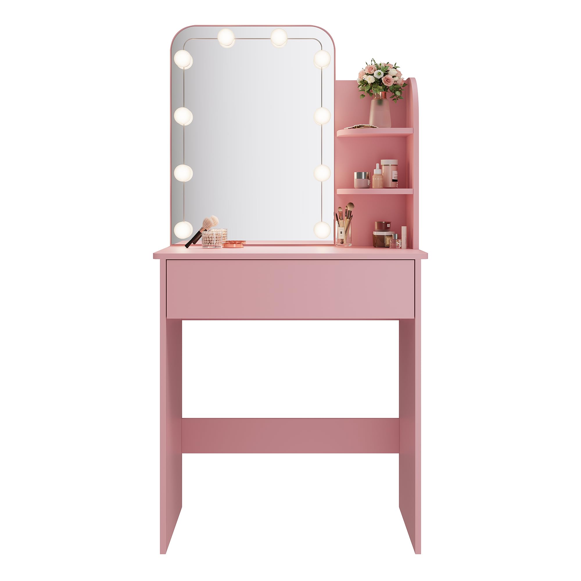 SONNI Tocador de Maquillaje con Espejo y 10 Bombillas LED Luz Regulable,Mesa de Tocador con 1 Cajones Grandes y 2 Estantes,70x40x140CM, Rosa