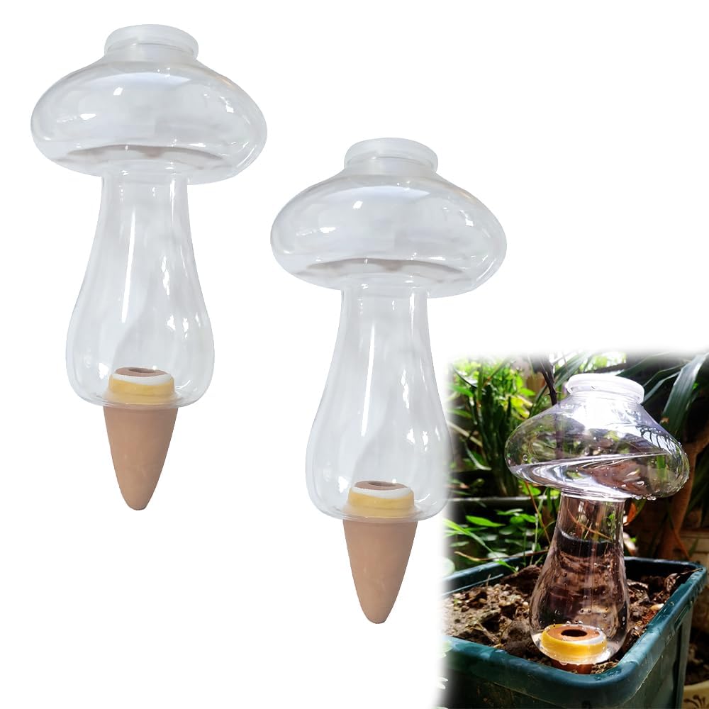 RAYRIT2Pcs Plant Watering Globes Mushroom Shape Automatic Watering Bulb Transparent Plant Self Watering Globes Plastic Balls Terracotta Watering Spikes for Indoor Outdoor Plants (2PCS, Clear1)