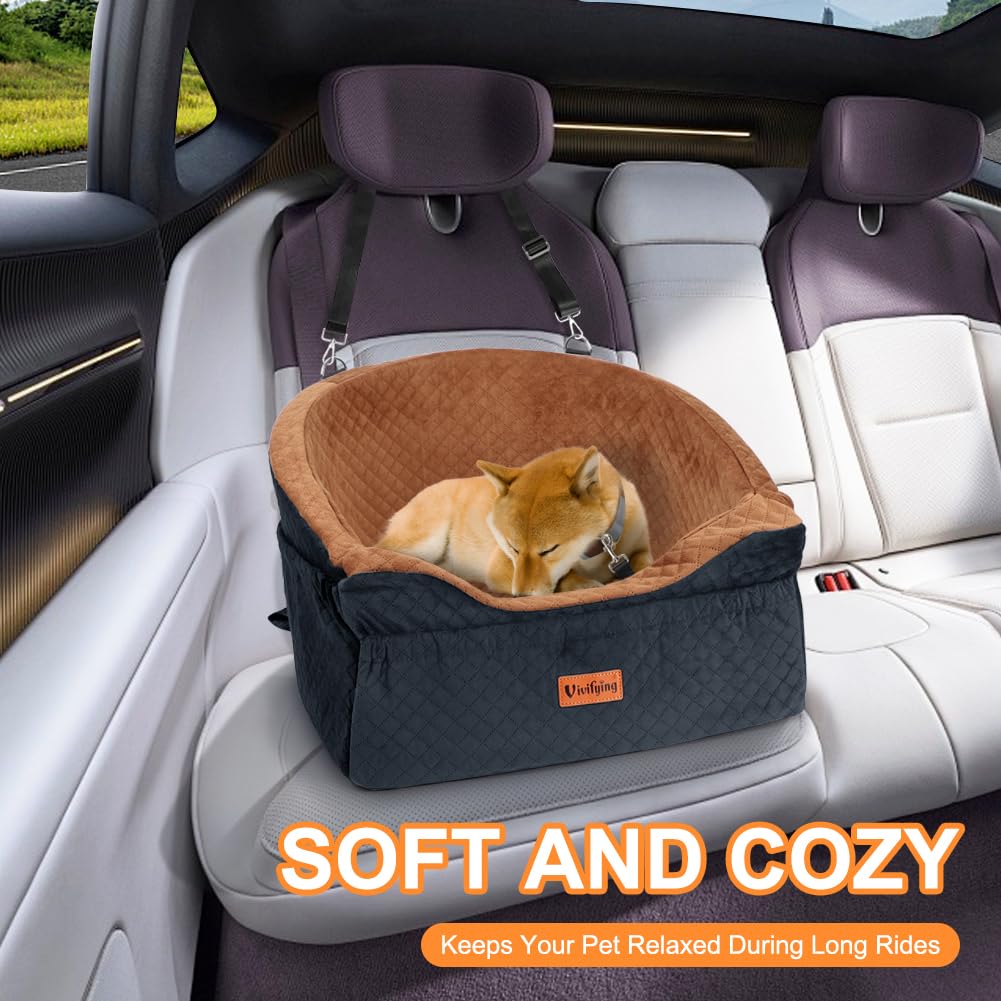 Vivifying Hunde Autositz für kleine bis mittlere Hunde, Waschbarer Hundesitz Auto mit Sicherheitsgurt und Aufbewahrungstaschen, Erhöhter Hundeautositz für Vorder- und Rücksitz, Braun