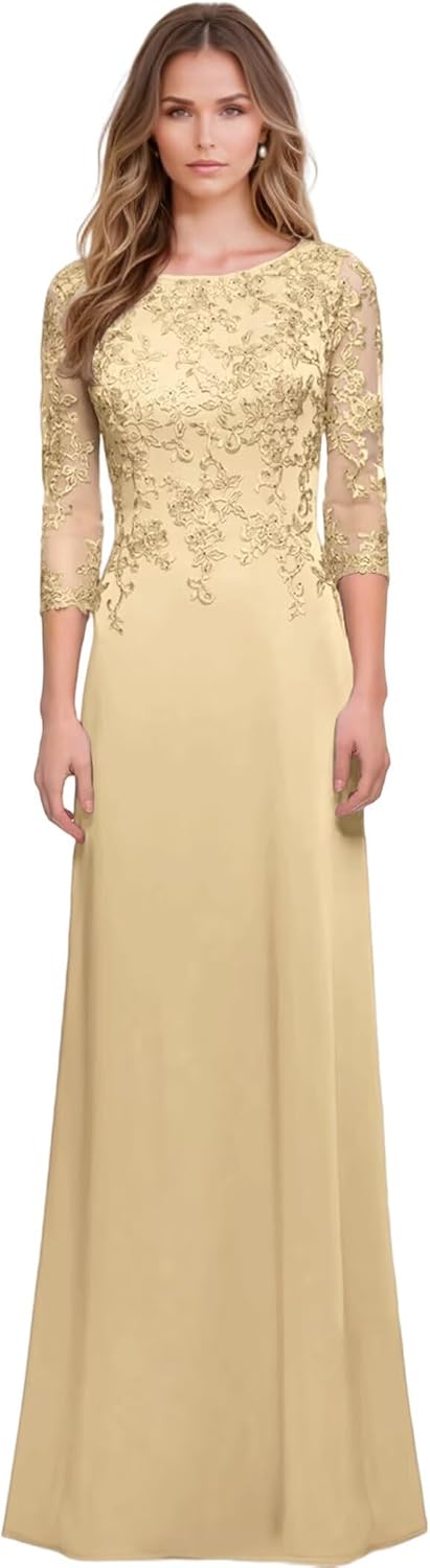 Scoop Neck Chiffon Mother of The Bride Dresses for Women 3/4 Sleeves Lace Applique Dressy Mother of The Groom Dresses - Image 5