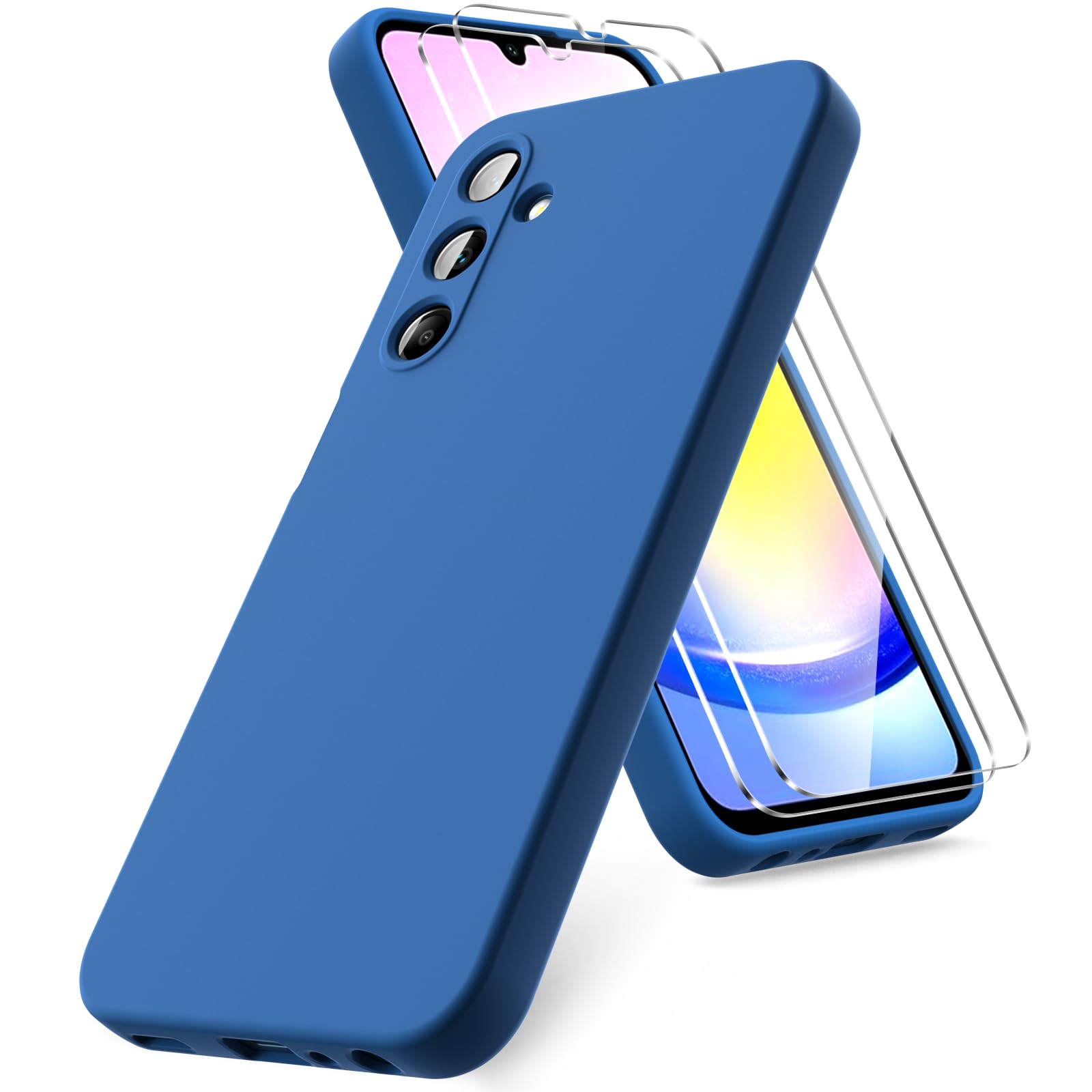 Vansdon Cover Compatibile con Samsung Galaxy A25 5G, 2 Pellicola Protettiva in Vetro Temperato, Gomma Gel di Silicone Liquida Antiurto Custodia - Blu