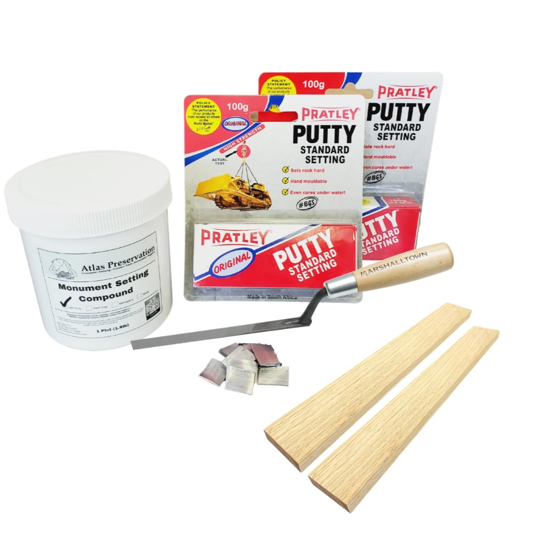 Atlas PreservationSmall Light Gray Monument Repair Kit - Reset a Headstone on a Flat Base - Monument Setting Compound, Epoxy Putty, Lead Wedge Spacers, Wooden Blocks, Tuck Pointer, Grey