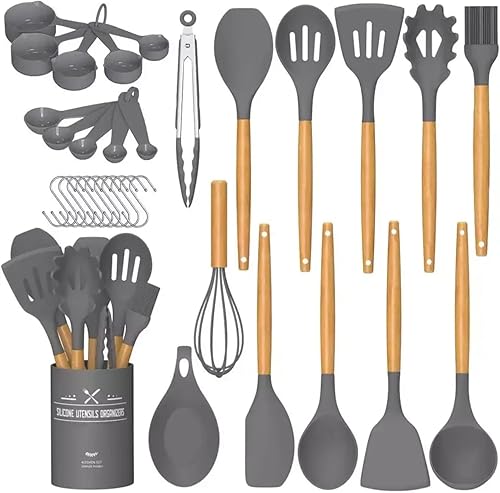 Juego de 34 utensilios de cocina de silicona antiadherente con soporte, aislamiento resistente, mango de madera, resistente al calor, espátula de