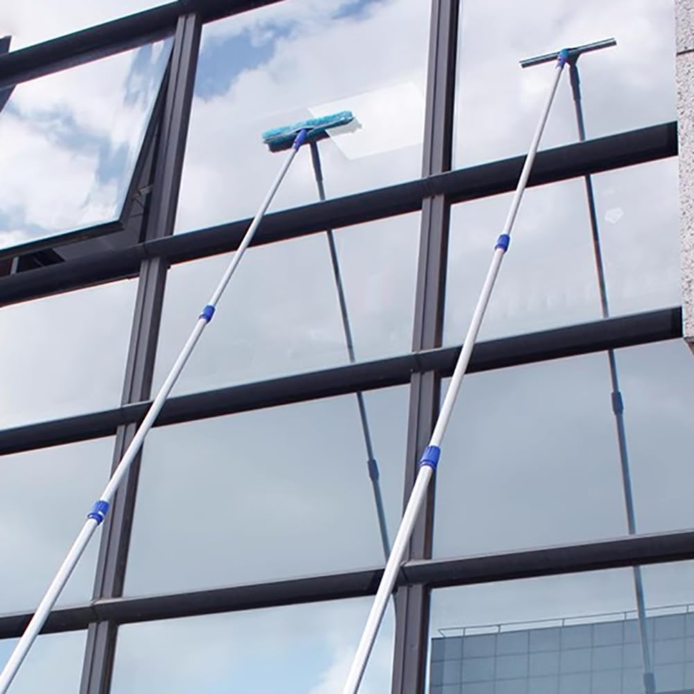 Pértiga De Limpieza De Vidrios De Ventanas De Aleación De Aluminio De 1,2 A 15 M De Altura con Raspador De Goma De 35 Cm Y Cabezal De Trapeador, Pértiga Larga Telescópica,Pole Length 1.2m