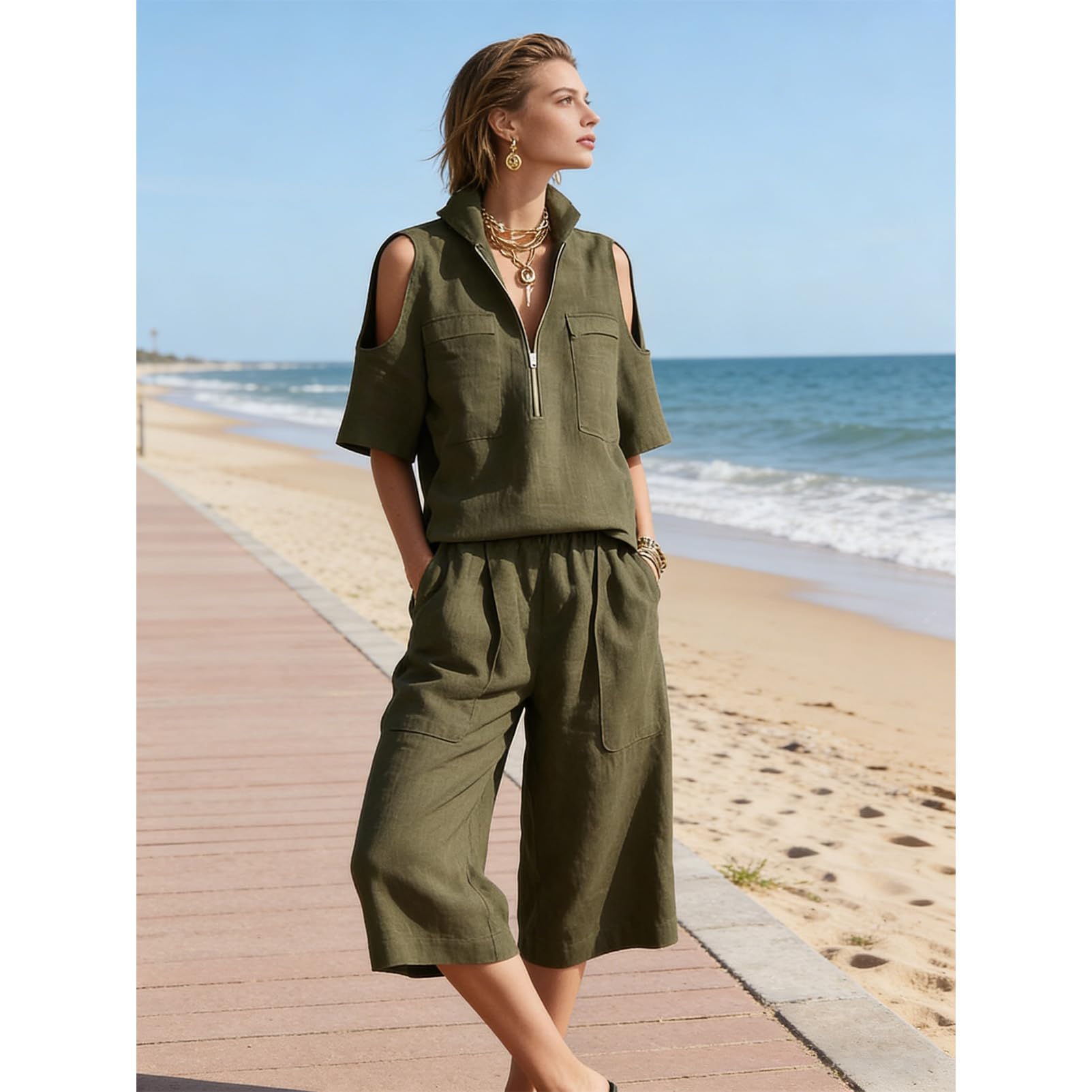 amropi Conjunto de Verano Mujer 2 Piezas Chándal Cremallera Hombros Descubiertos Camisa de manga Corta Top y Pantalones 3/4 de Pierna Ancha