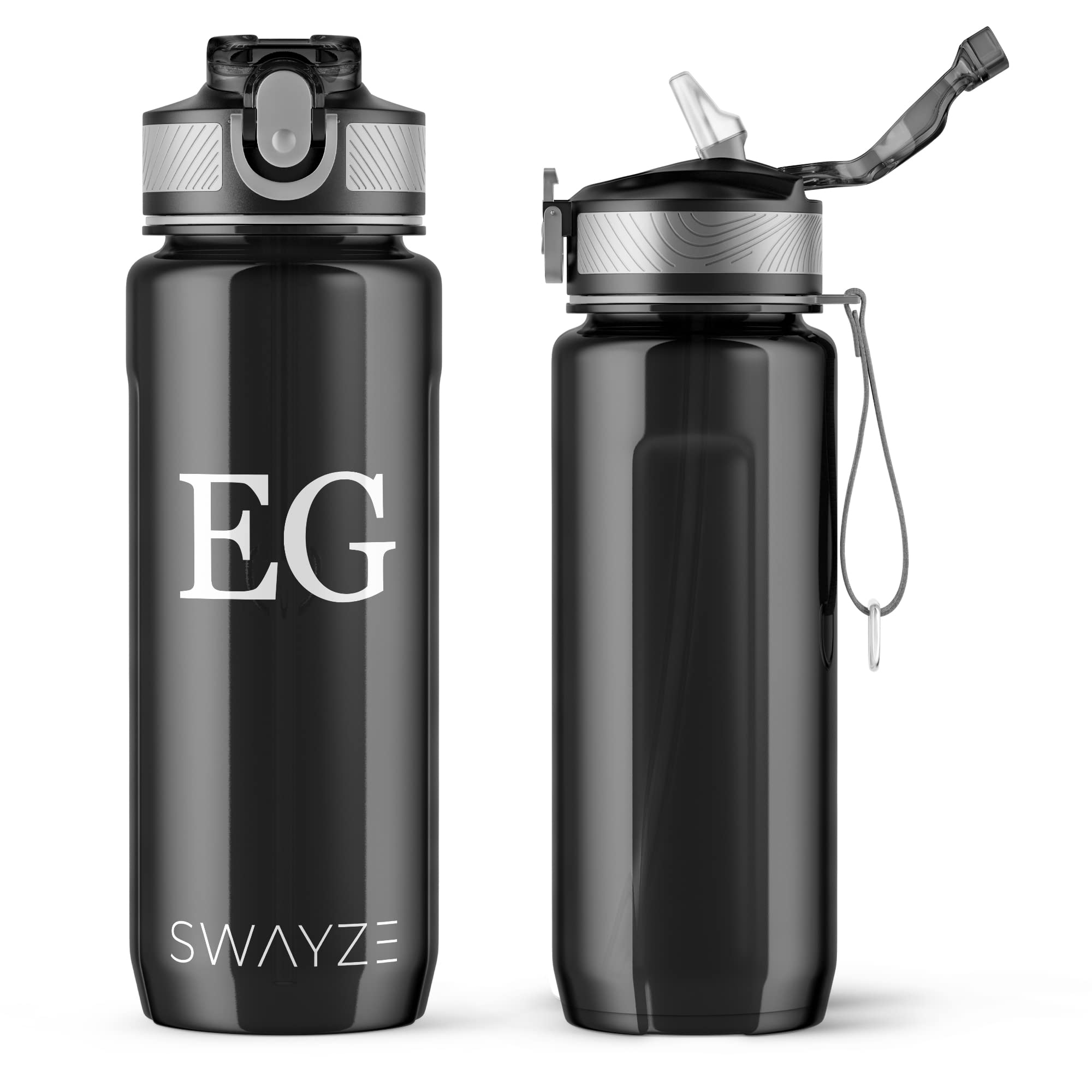 Swayze Personalised INITIALS Water Bottle with Straw 800ml Water Bottle, BPA Free Leakproof Lockable Flip Lid Drink Bottle Sports Gym School Camping Office Walking (Black - Personalised) — image 1