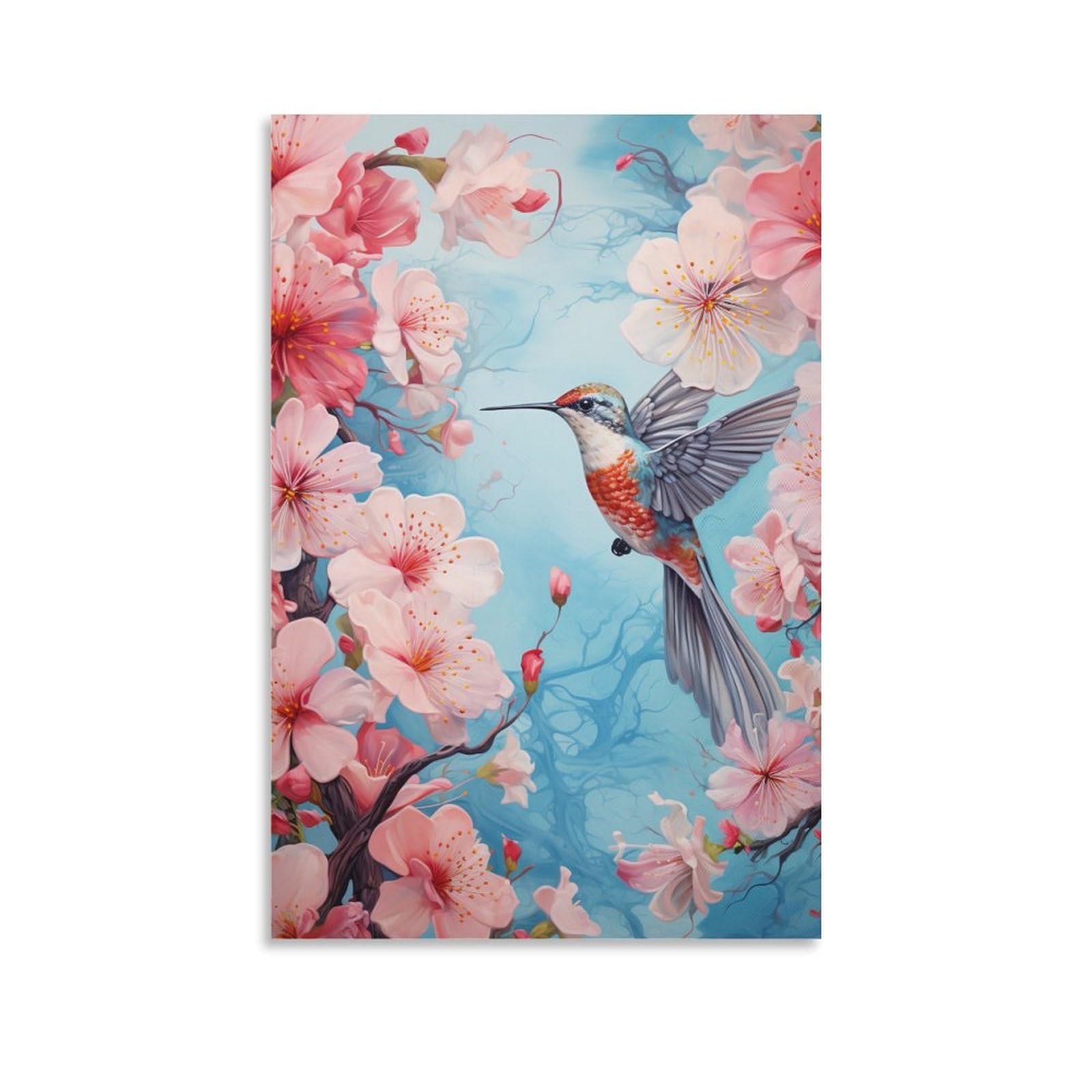 Foccar Unframe-Peach Blossom Hummingbirds Peach Blossom Hummingbirds Paintings On Canvas Wall Art Pink Flower Beautiful Birds Canvas Prints Poster Wall Decor For Home Decorations