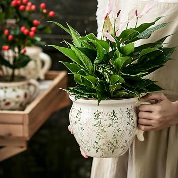 Retro Rustic Ceramic Flower Pot with Handle- Vintage Cracked Vase for Table Centerpieces Garden Decor, Farmhouse and Home Decor,Green2,no Hole