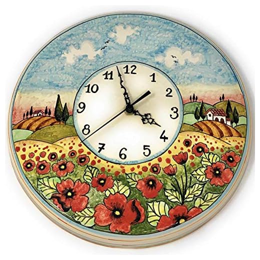 CERAMICHE D'ARTE PARRINI - Italian Ceramic Wall Clock Decorated Landscape Poppies Hand Painted Made in Italy Tuscan Art Pottery