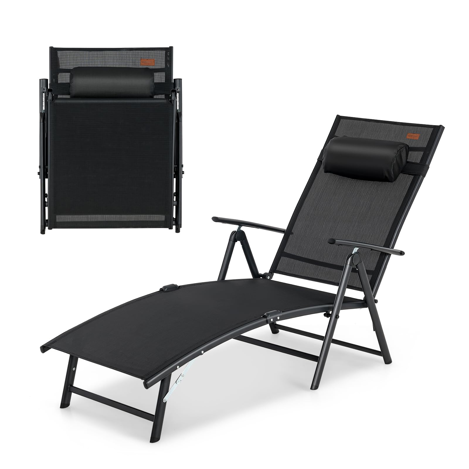 COSTWAY Tumbonas Jardin Exterior, Tumbona Plegable con Respaldo Ajustable en 7 Posiciones, y Almohada Texteline, Carga 150kg, Tumbona Piscina, Playa, Jardin (Negro)
