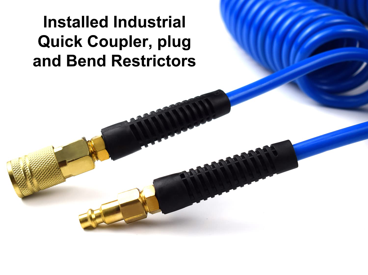 YOTOO Manguera de aire de retroceso de poliuretano de 3/8 pulgadas de diámetro interior por 50 pies de largo con restrictor de curva, acoplador rápido industrial reparable de 1/4 pulgadas y enchufe,