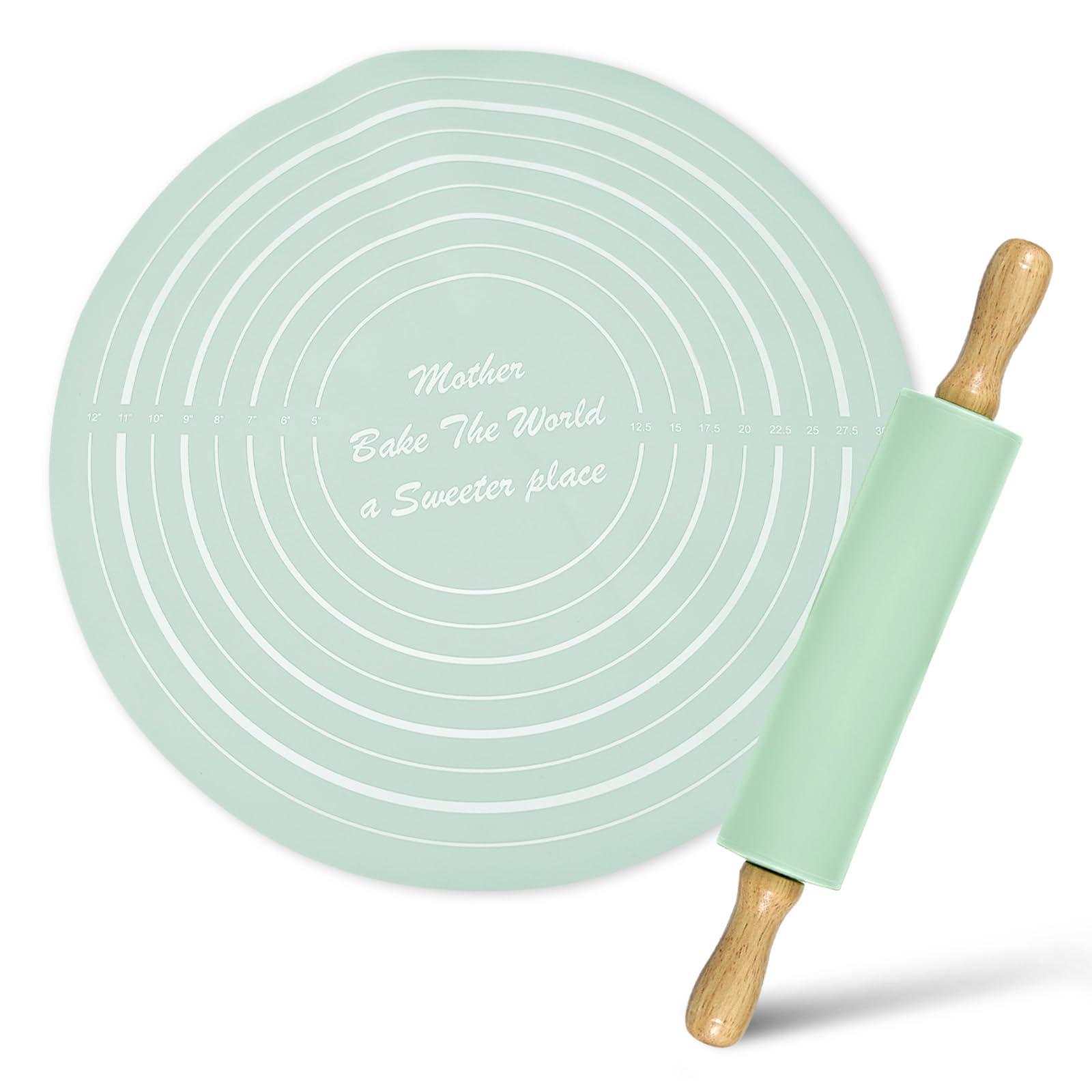 Thatyro Silicone Rolling Pin Backing Mat Set, 13" Dough Roller with Non Stick Pastry Sheet, Small Fondant Roller Round Kneading Mat for Bread Cookie Pie Pizza Sourdough Kitchen (Mint Green)