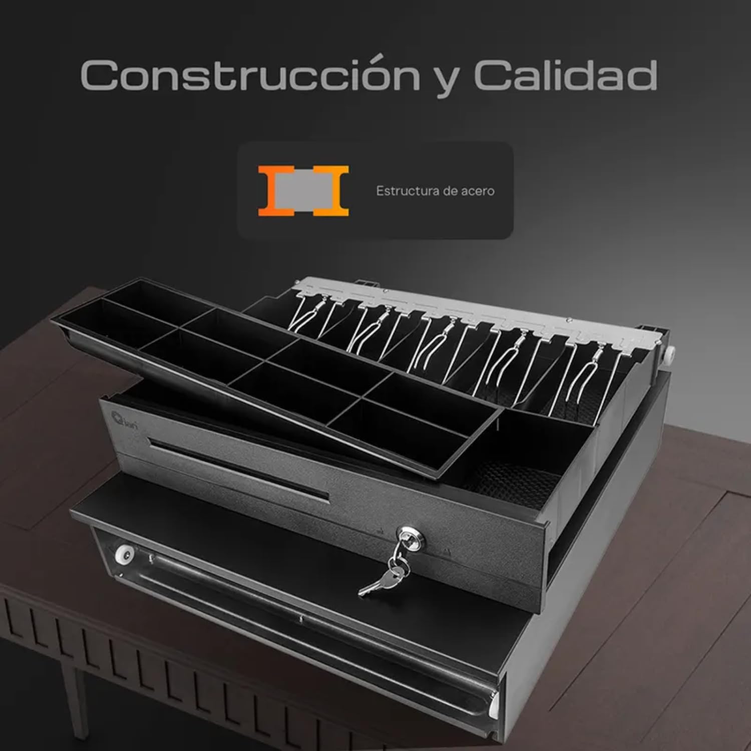 Cajón de Dinero Profesional de Acero, 5 Compartimentos para Billetes, 8 para Monedas, Cerradura de Seguridad, 12V/24V, Charola Removible, QOC-HON12-01