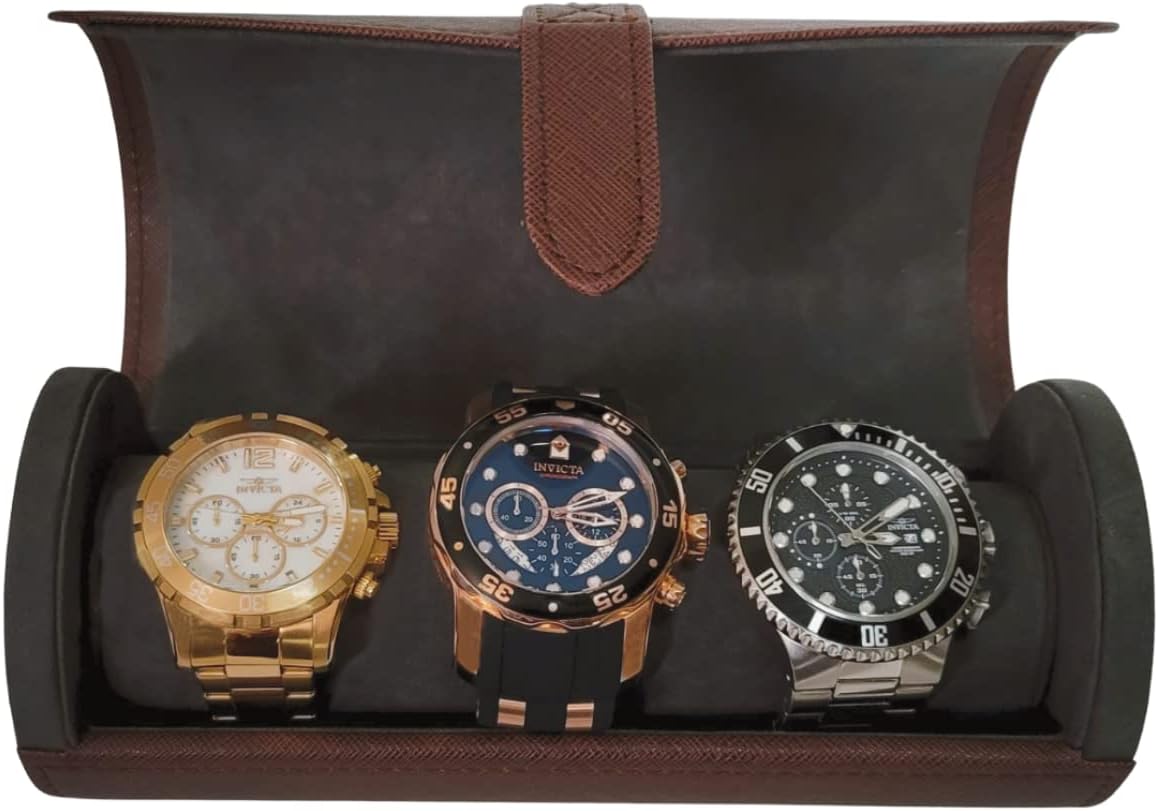 TIMELYBUYS Deluxe Brown Saffiano 3 Watch Bangle Bracelet Travel Watch Case and Jewelry Roll Father's Day Gift