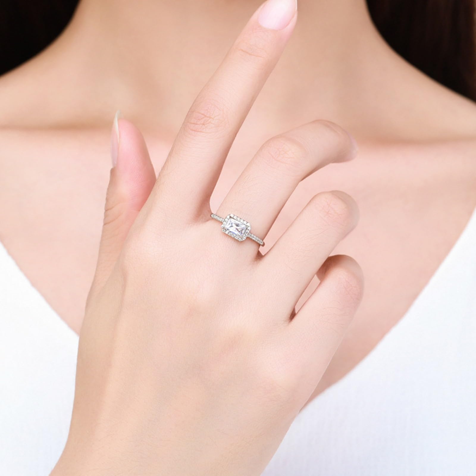 Anillos de oro blanco para mujer, anillo de compromiso con halo de oro de 9 quilates, 14 quilates y 18 quilates con moissanita rectangular de 4 x 6 mm