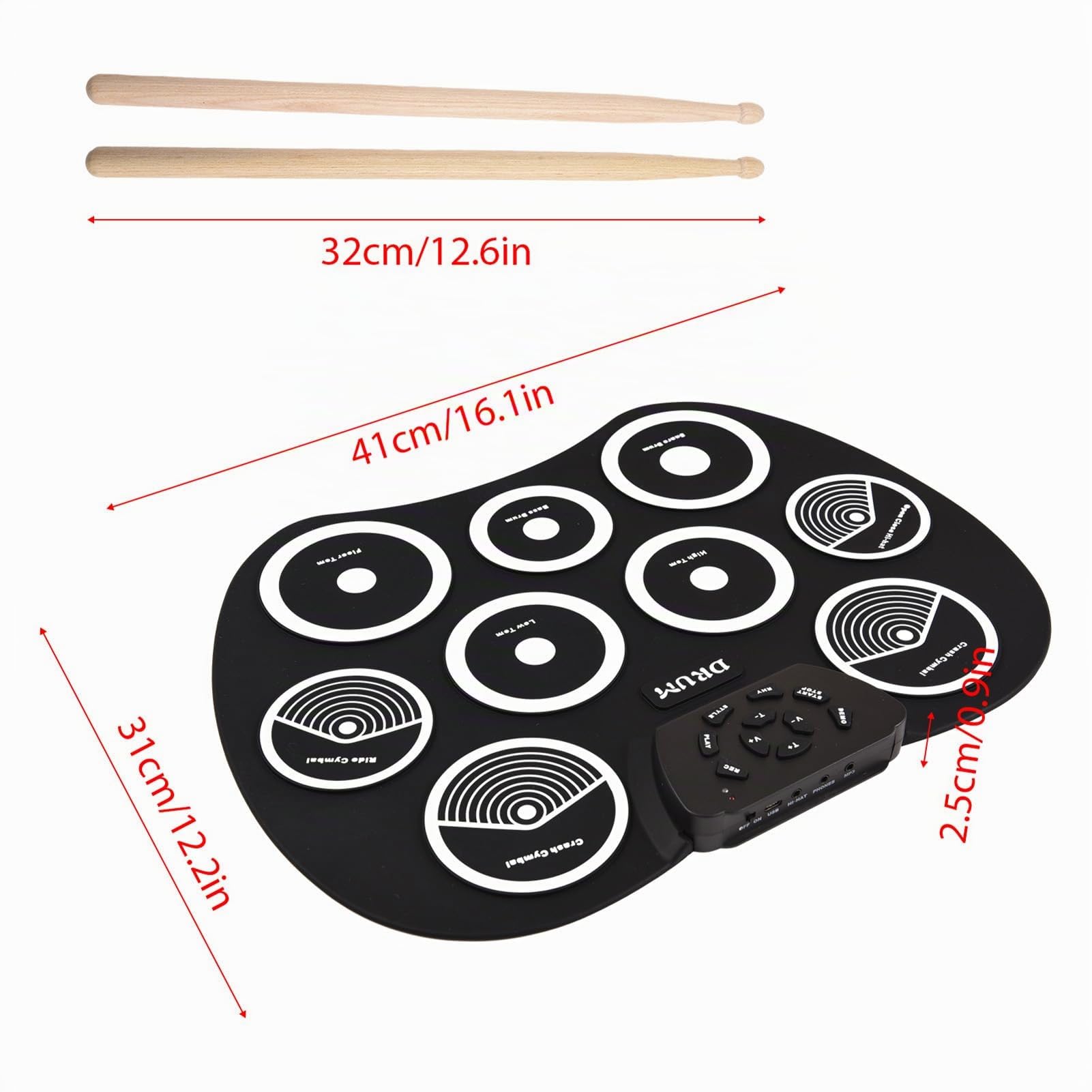 Dilwe Batería Electrónica Portátil, Kit de Práctica Enrollable de 9 Pads con Salida MIDI, Pads Electrónicos Ultrafinos, 2,5 Mm para grabación en casa, viajes y estudio