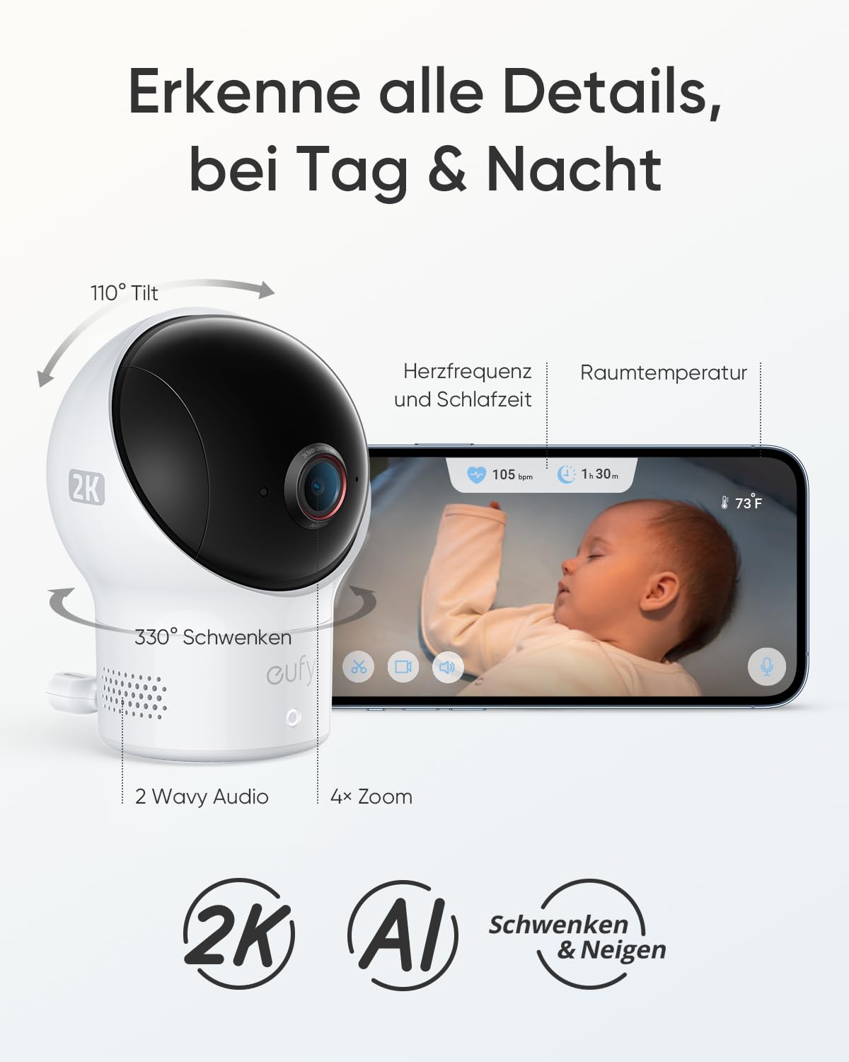 eufy Baby S340 Smart Sock Babyphone, 2,4 GHz WLAN, Überwachung von Schlafmustern, Nickerchen, Puls & Blutsauerstoff, 2K-Kamera, KI-Weinerkennung, Schwenk- & Neigefunktion, Ohne Monatliche Gebühren