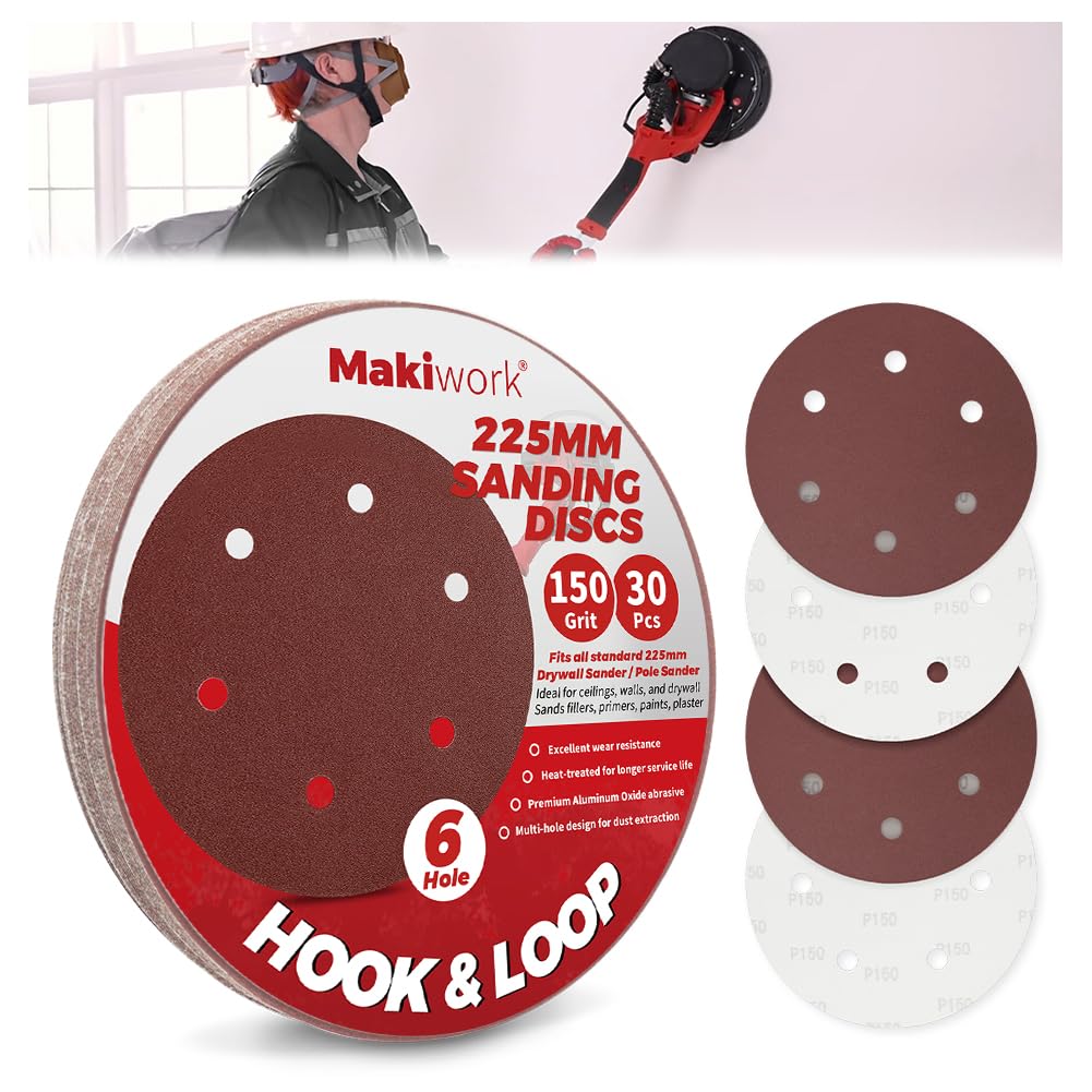 Makiwork 30PCS 225mm 6-Hole 150 Grit Hook & Loop Sanding Discs – Heavy-Duty Aluminum Oxide Sandpaper for Drywall Sander, Paint Removal, Wood & Metal Surface Prep